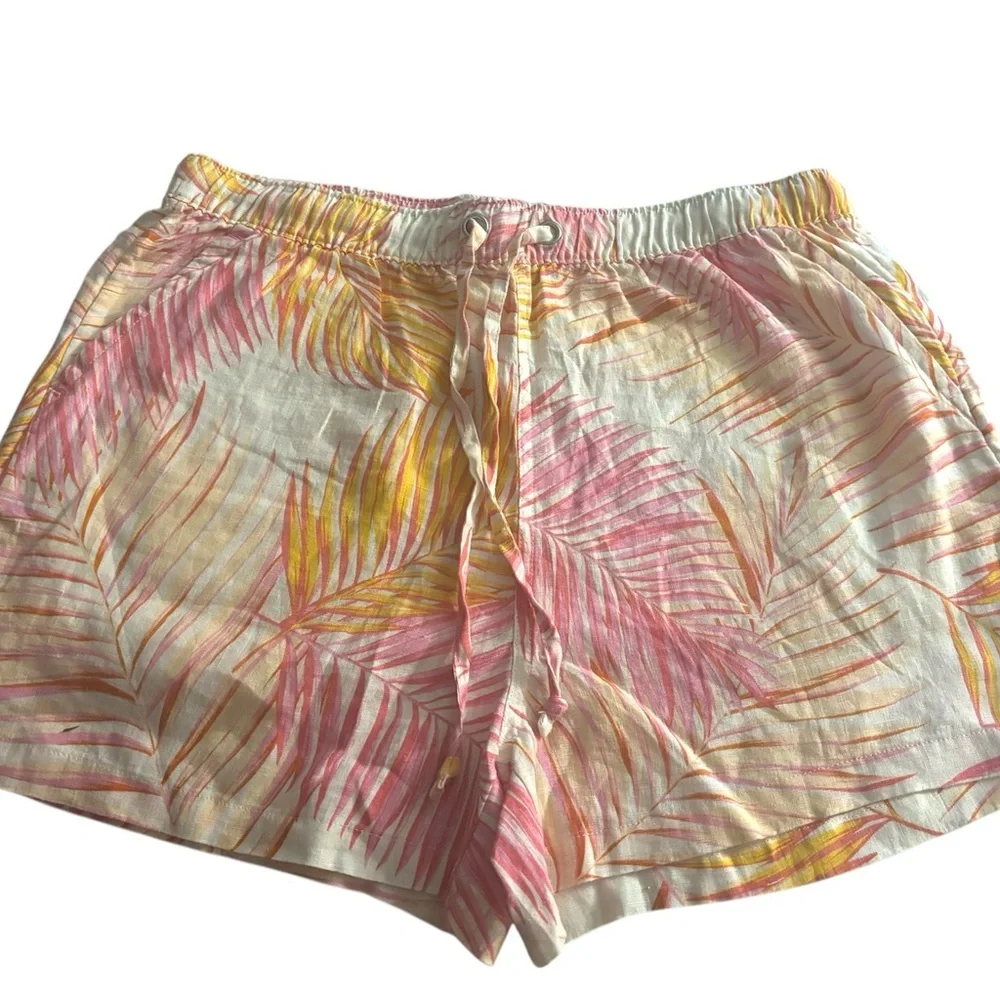Tahari Linen Pink and Orange High Waist Shorts with Tropical Print - Picture 3 of 6